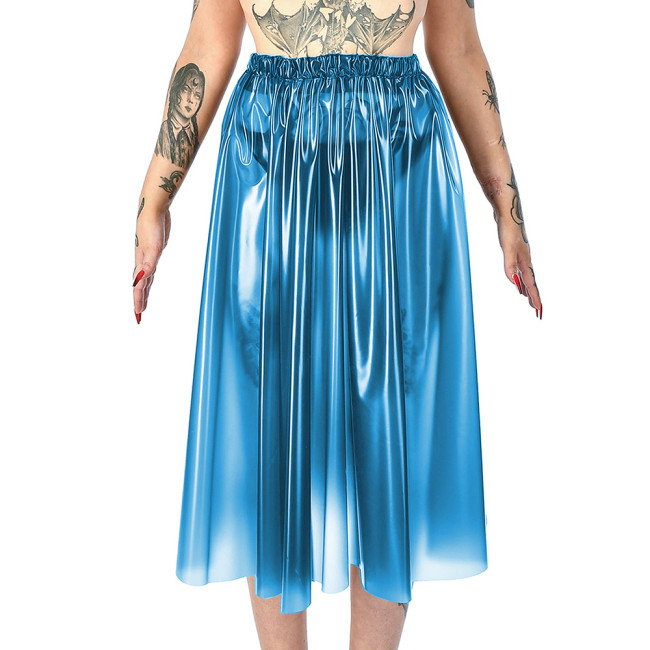 Exotic Sexy See Through Vinyl Plastic Midi Skirts Transparent PVC Solid A-line High Waist Elastic Waist Party Skirts Clubwear