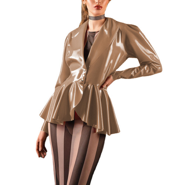 Faux PVC Leather Women Ruffle Hem Slim Waist Pleated Jackets Female Streetwear Elegant Office Lady Party Lapel Long Sleeve Coats