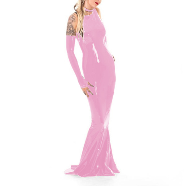 Women Wet Look PVC Sleeveless Bodycon Party Long Dress Sexy Backless Slim Fit Maxi Mermaid Dresses with Gloves Collar Clubwear