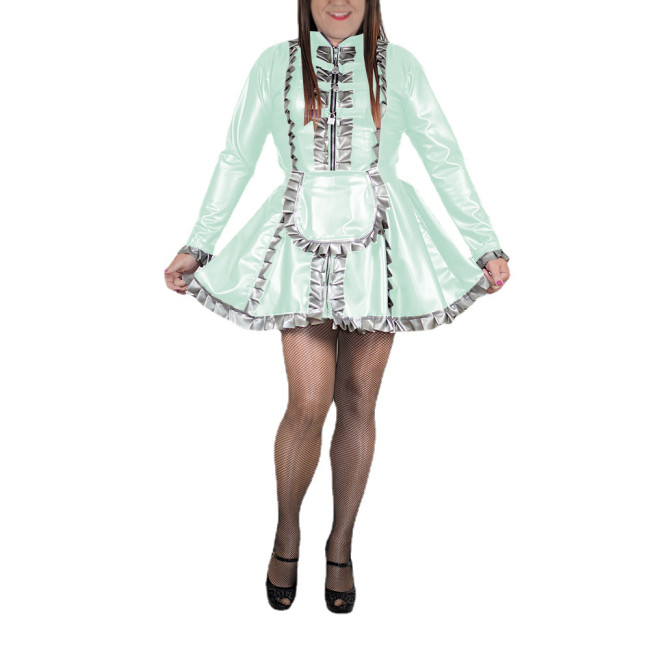 Sissy Wet Look PVC Ruffles Lockable A-line Maid Dress Exotic Patchwork Long Sleeve Pleated Mini Dress with Apron Maid Uniforms