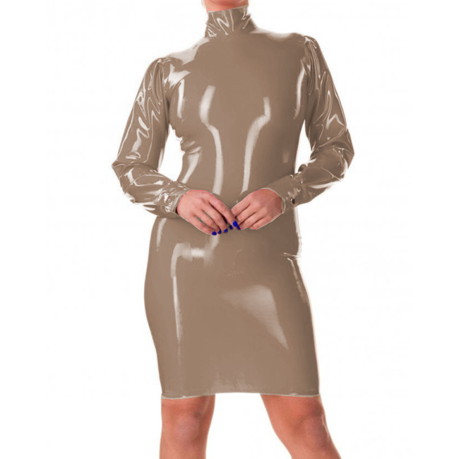 Sissy Sexy Ladies Wet look PVC High Neck Sheath Pencil Dress Shiny Faux Latex Bodycon Mini Dress Party Club Fetish Costume S-7XL