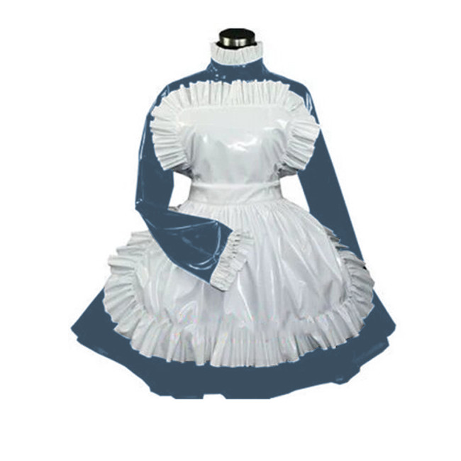 Glossy PVC Sexy Women Lockable Turtleneck Ruffles French Maid Dress with Apron Wetlook Faux Latex Cosplay Costumes Dress Party