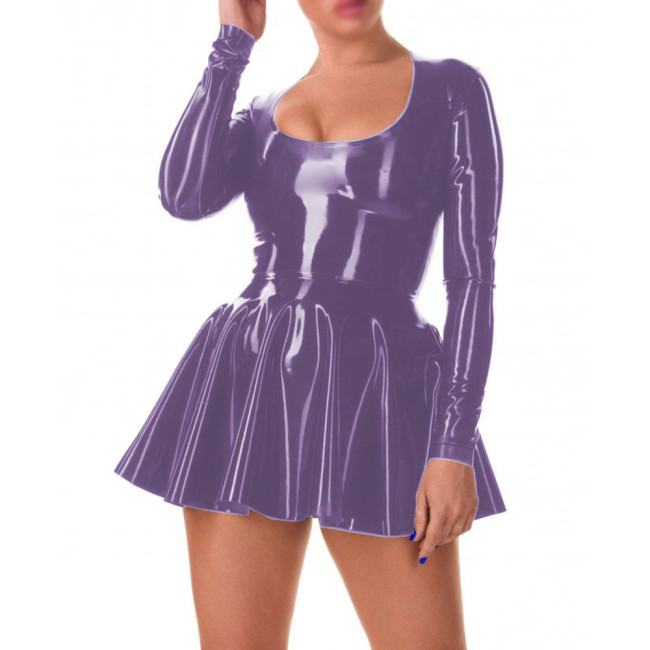 Glossy PVC Sweet Scoop Neck A-line Mini Dress Faux Latex Full Sleeve Skater Dress Sexi Night Dress Hot Women Clothing Party Club