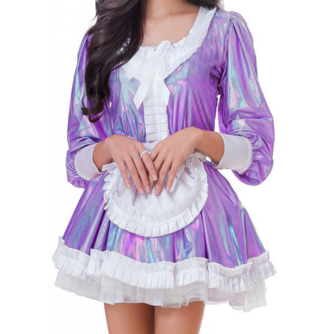 Sissy French Apron Maid Cosplay Dress Hologram Laser Ruffles Apron Mini Pleated Dress Puff Long Sleeve Shiny Maid Servant Outfit