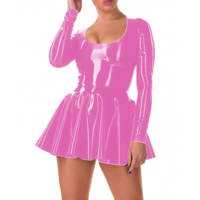 Glossy PVC Sweet Scoop Neck A-line Mini Dress Faux Latex Full Sleeve Skater Dress Sexi Night Dress Hot Women Clothing Party Club