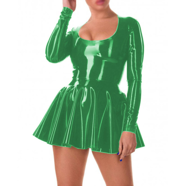 Glossy PVC Sweet Scoop Neck A-line Mini Dress Faux Latex Full Sleeve Skater Dress Sexi Night Dress Hot Women Clothing Party Club
