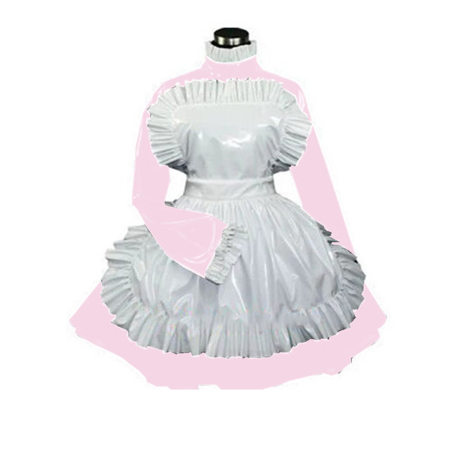 Glossy PVC Sexy Women Lockable Turtleneck Ruffles French Maid Dress with Apron Wetlook Faux Latex Cosplay Costumes Dress Party