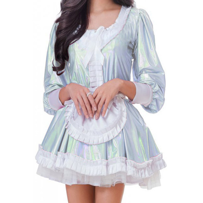 Sissy French Apron Maid Cosplay Dress Hologram Laser Ruffles Apron Mini Pleated Dress Puff Long Sleeve Shiny Maid Servant Outfit