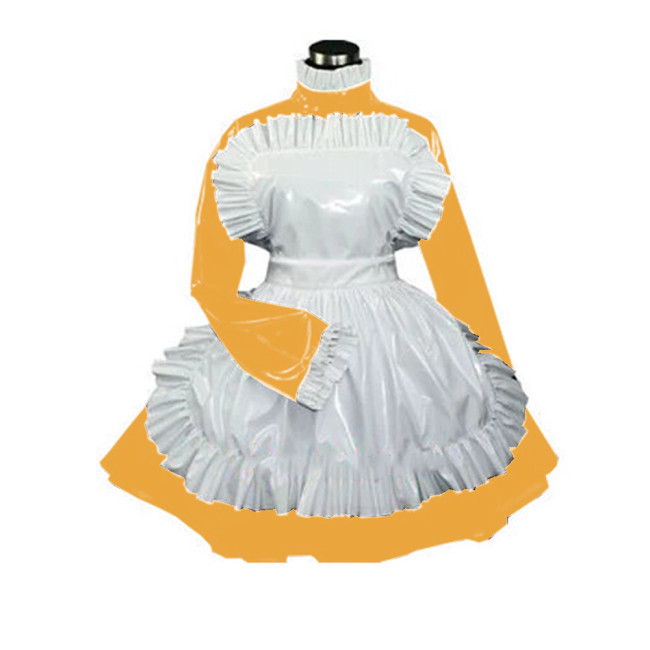 Glossy PVC Sexy Women Lockable Turtleneck Ruffles French Maid Dress with Apron Wetlook Faux Latex Cosplay Costumes Dress Party
