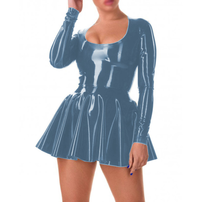 Glossy PVC Sweet Scoop Neck A-line Mini Dress Faux Latex Full Sleeve Skater Dress Sexi Night Dress Hot Women Clothing Party Club