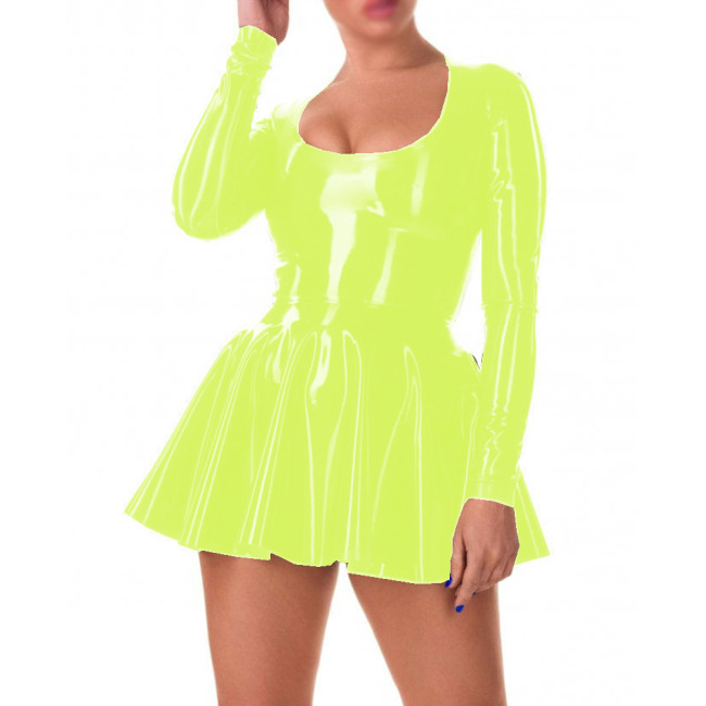 Glossy PVC Sweet Scoop Neck A-line Mini Dress Faux Latex Full Sleeve Skater Dress Sexi Night Dress Hot Women Clothing Party Club