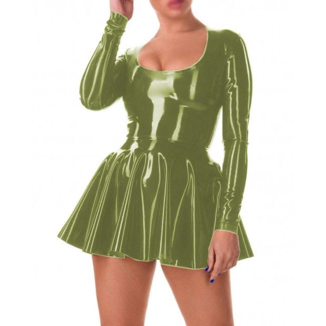 Glossy PVC Sweet Scoop Neck A-line Mini Dress Faux Latex Full Sleeve Skater Dress Sexi Night Dress Hot Women Clothing Party Club