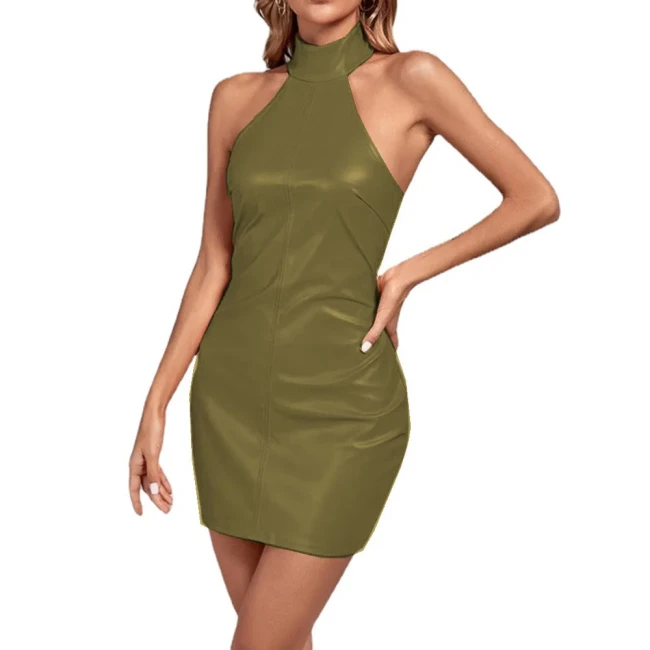 Fashion Women Matte PU Leather Slim Fit Sexy Halter Sheath Mini Dress Faux Latex Pencil Dress Club Party Streetwear Gothic S-7XL