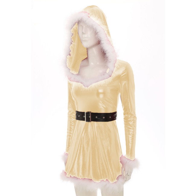 Shiny Metallic Faux Leather Sexy Women Full Sleeve Skater Mini Dress With Hat White Fluffs Club Christmas XMAS Costumes Winter