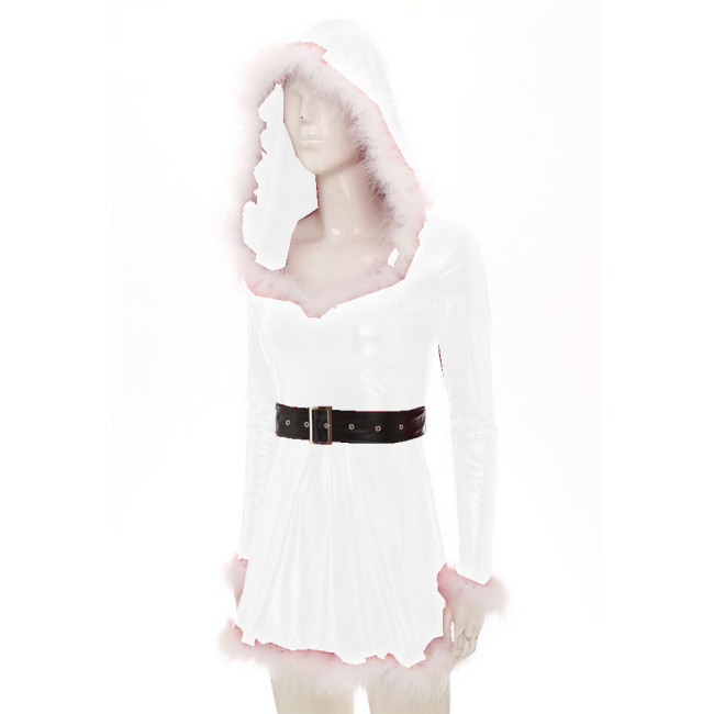 Shiny Metallic Faux Leather Sexy Women Full Sleeve Skater Mini Dress With Hat White Fluffs Club Christmas XMAS Costumes Winter
