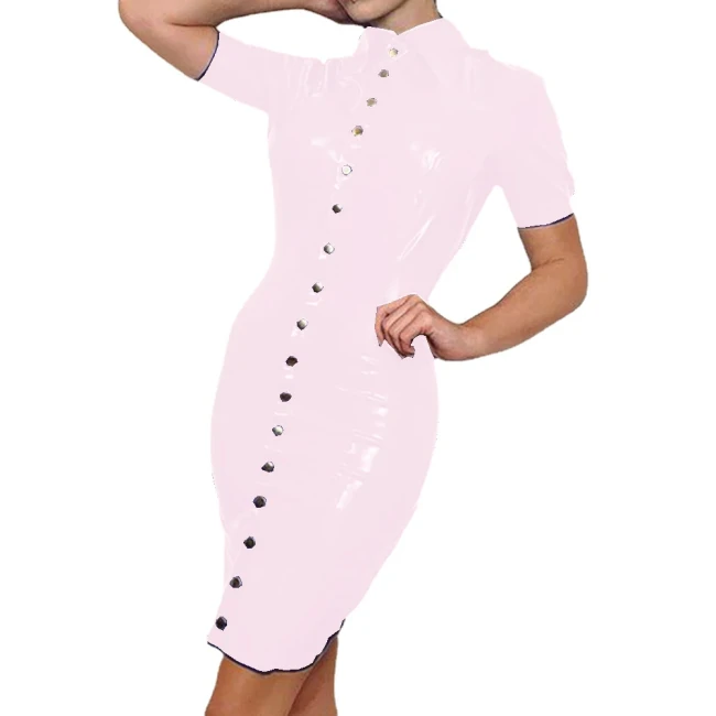 Wet Look PVC Sexy Womens High Half Neck Short Sleeve Sheath Buttons-up Mini Dress Slim Fit Dress Night Club Party Office Ladies