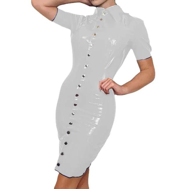 Wet Look PVC Sexy Womens High Half Neck Short Sleeve Sheath Buttons-up Mini Dress Slim Fit Dress Night Club Party Office Ladies