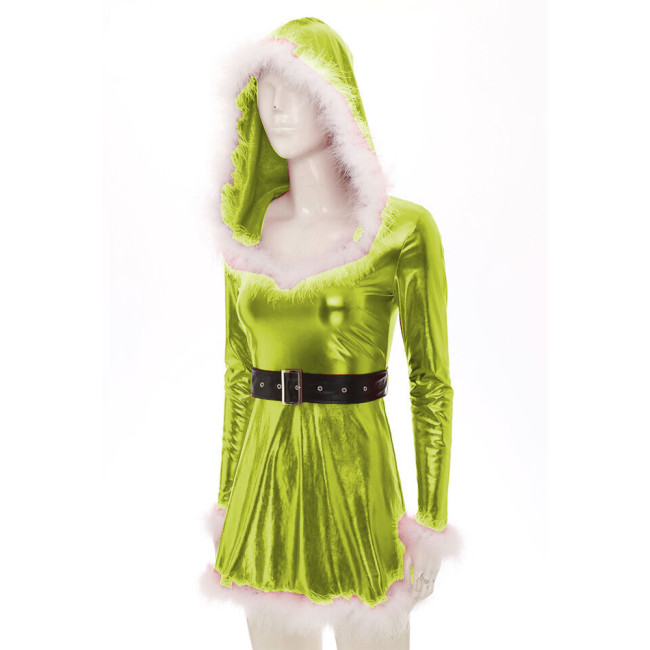 Shiny Metallic Faux Leather Sexy Women Full Sleeve Skater Mini Dress With Hat White Fluffs Club Christmas XMAS Costumes Winter