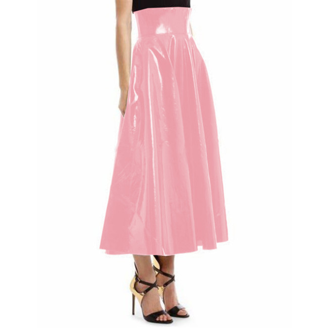 Gothic Women Elegant Glossy PVC Leather High Waist Slim Long Skirt Flared Swing Pleated Midi Skirt Party Street Clubwear S-7XL