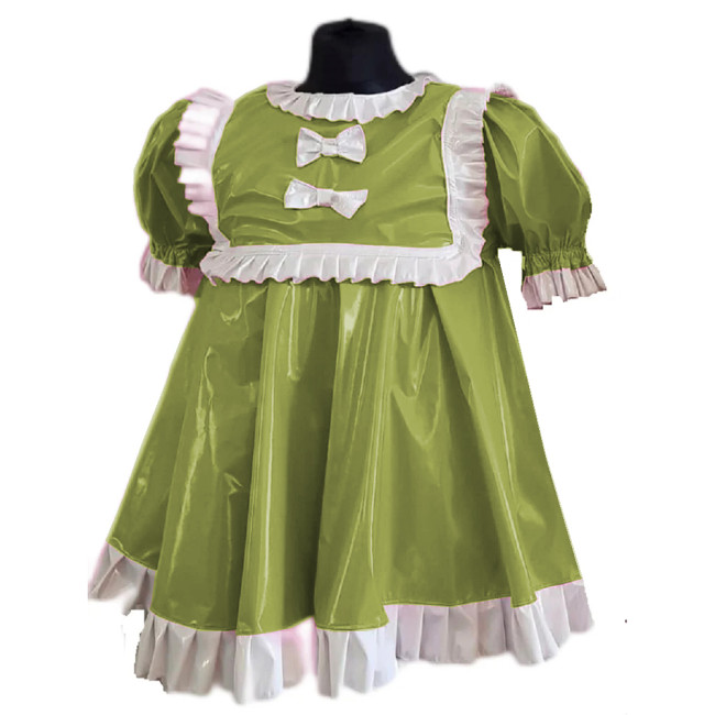 Wetlook PVC Women Cosplay Maid Sexy Ruffles Round Collar Short Sleeve Mini Dress Puff Sleeve A-Line Dress Costumes Outfits S-7XL