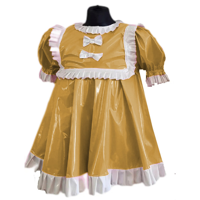 Wetlook PVC Women Cosplay Maid Sexy Ruffles Round Collar Short Sleeve Mini Dress Puff Sleeve A-Line Dress Costumes Outfits S-7XL