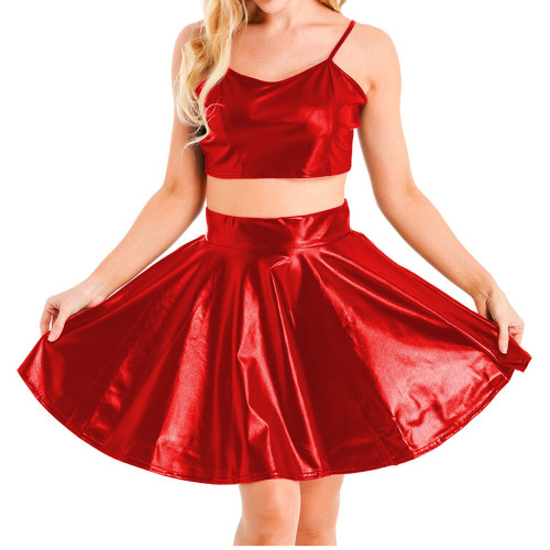 Shiny Metallic Sexy Women Strap Crop Tops With Flare Mini Skirt Faux Leather Womens Two Peice Skirt Sets Party Clubwear Femme