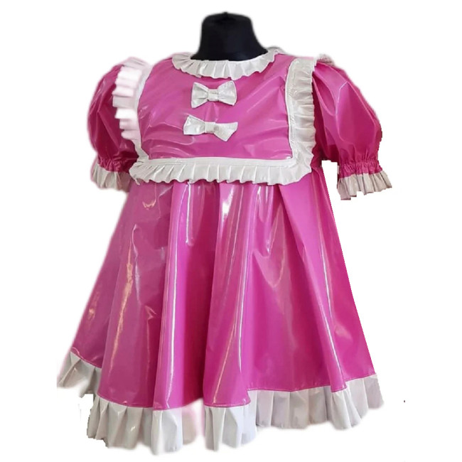 Wetlook PVC Women Cosplay Maid Sexy Ruffles Round Collar Short Sleeve Mini Dress Puff Sleeve A-Line Dress Costumes Outfits S-7XL