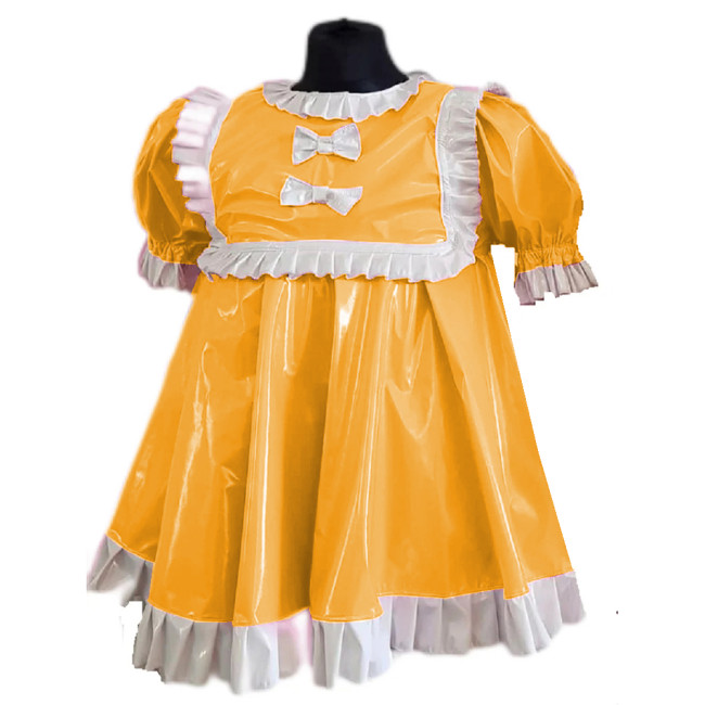Wetlook PVC Women Cosplay Maid Sexy Ruffles Round Collar Short Sleeve Mini Dress Puff Sleeve A-Line Dress Costumes Outfits S-7XL