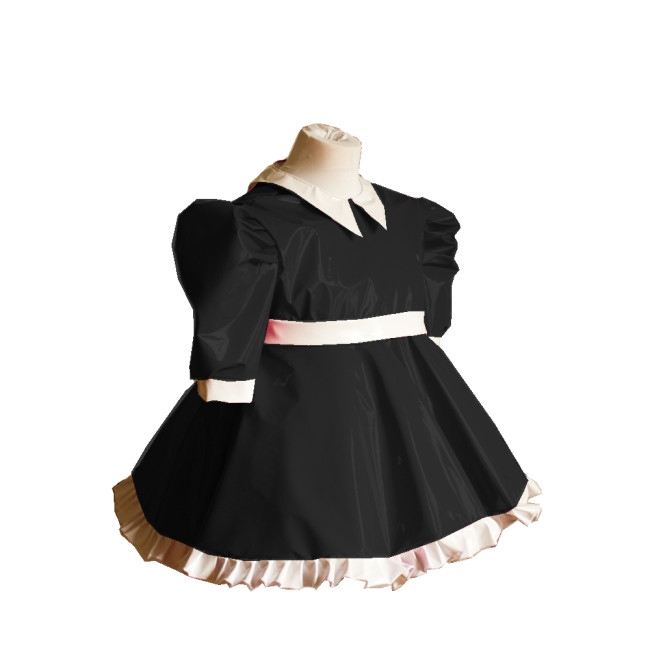 Sissy Sweet Lolita Dress Wetlook PVC Lapel Neck Short Puff Sleeve Swing Mini Dress Faux Latex Costumes Gothic Maid Cosplay Dress