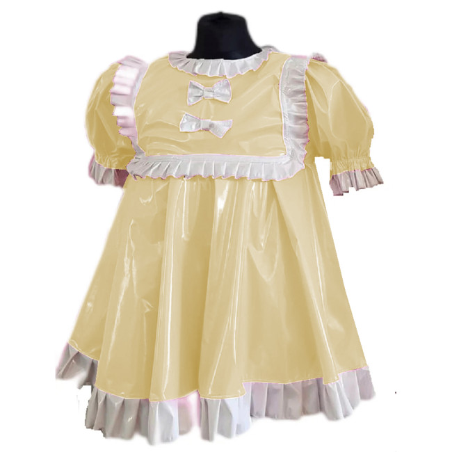Wetlook PVC Women Cosplay Maid Sexy Ruffles Round Collar Short Sleeve Mini Dress Puff Sleeve A-Line Dress Costumes Outfits S-7XL