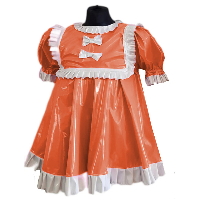 Wetlook PVC Women Cosplay Maid Sexy Ruffles Round Collar Short Sleeve Mini Dress Puff Sleeve A-Line Dress Costumes Outfits S-7XL