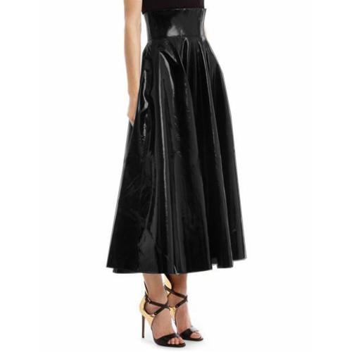 Gothic Women Elegant Glossy PVC Leather High Waist Slim Long Skirt Flared Swing Pleated Midi Skirt Party Street Clubwear S-7XL