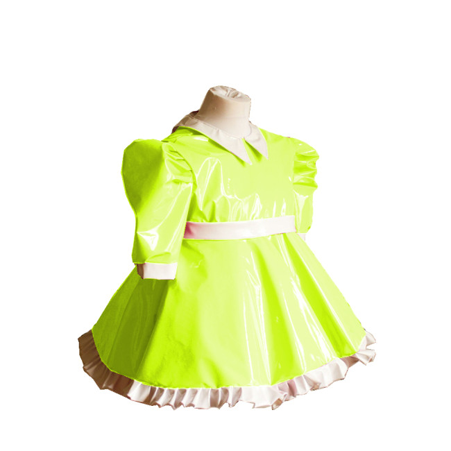 Sissy Sweet Lolita Dress Wetlook PVC Lapel Neck Short Puff Sleeve Swing Mini Dress Faux Latex Costumes Gothic Maid Cosplay Dress