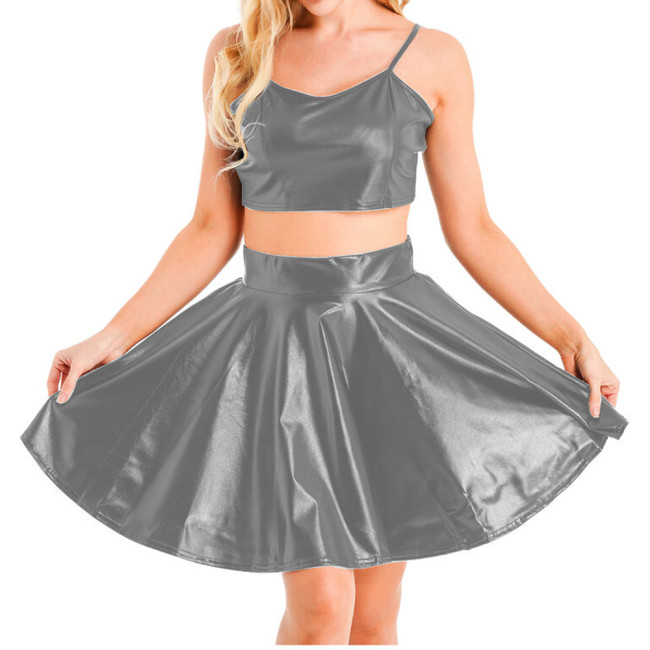 Shiny Metallic Sexy Women Strap Crop Tops With Flare Mini Skirt Faux Leather Womens Two Peice Skirt Sets Party Clubwear Femme