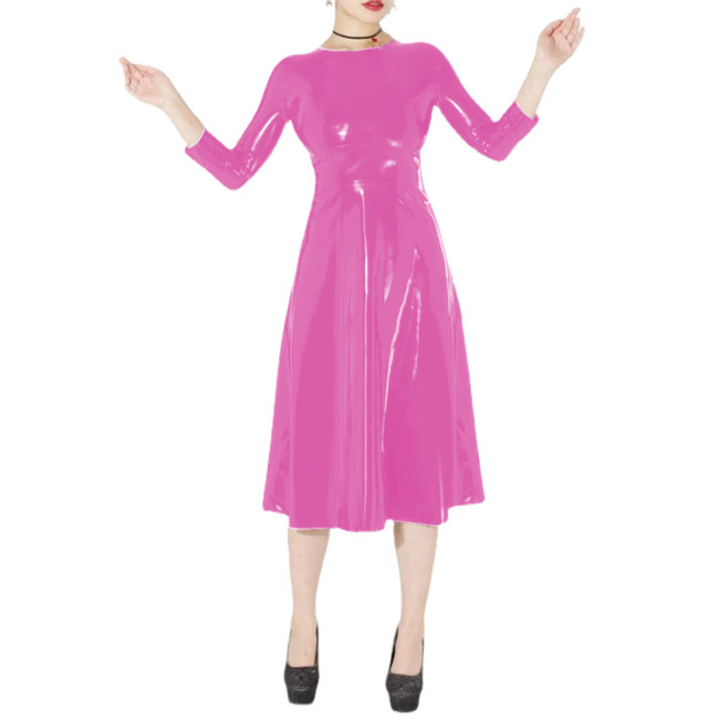 Wetlook Women PVC Three-quarter Sleeve Long Dress Faux Latex Fit and Flare Dress Streetwear Party Clubwear Clothing Casual S-7XL