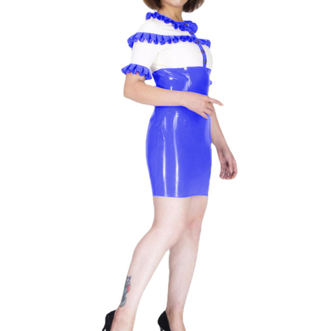 Wetlook Patchwork PVC Sexy Womens Ruffles O-Neck Short Sleeve Sheath Buttons Sheath Mini Dress Night Club Party Streetwear 7XL