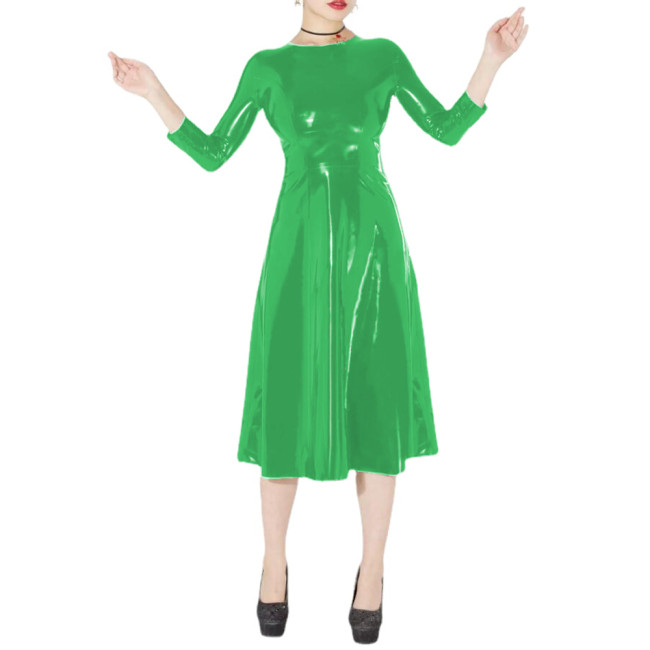Wetlook Women PVC Three-quarter Sleeve Long Dress Faux Latex Fit and Flare Dress Streetwear Party Clubwear Clothing Casual S-7XL