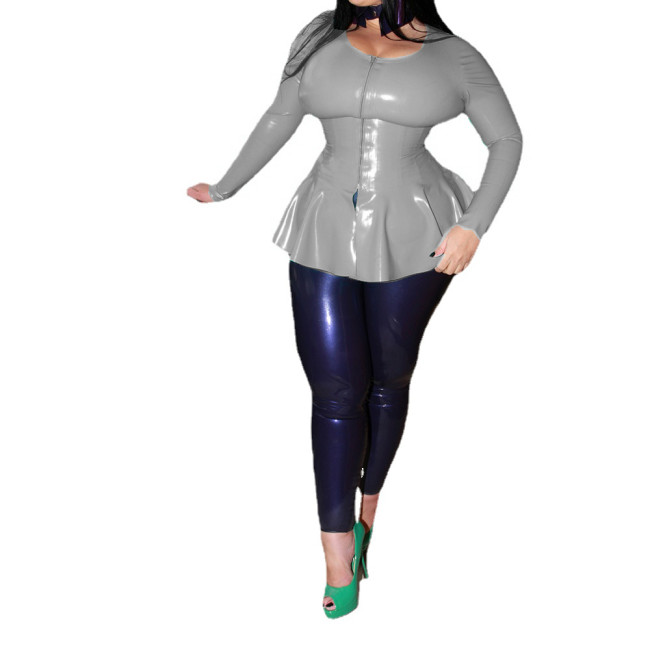 Women Wetlook PVC Long Sexy Long Sleeve Front Zip Jacket Tops Round Neck Ruffles Hem Coats Party Night Sexy Club High Street 7XL