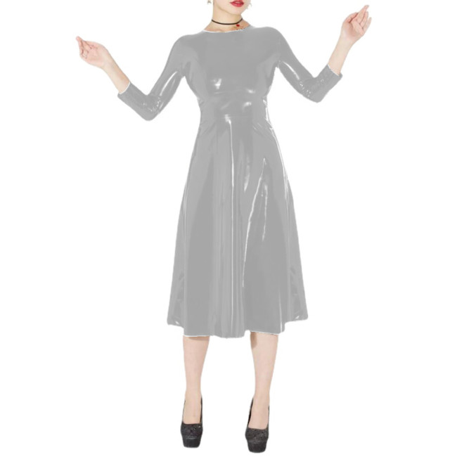 Wetlook Women PVC Three-quarter Sleeve Long Dress Faux Latex Fit and Flare Dress Streetwear Party Clubwear Clothing Casual S-7XL
