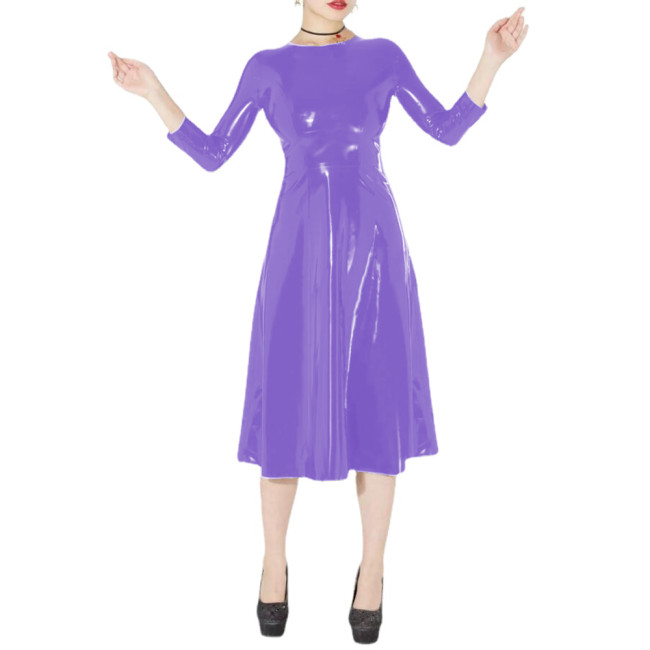 Wetlook Women PVC Three-quarter Sleeve Long Dress Faux Latex Fit and Flare Dress Streetwear Party Clubwear Clothing Casual S-7XL