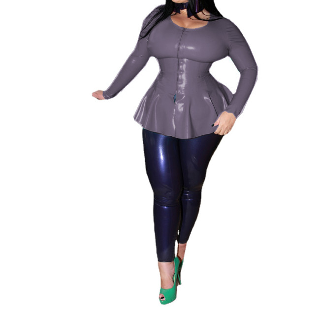 Women Wetlook PVC Long Sexy Long Sleeve Front Zip Jacket Tops Round Neck Ruffles Hem Coats Party Night Sexy Club High Street 7XL