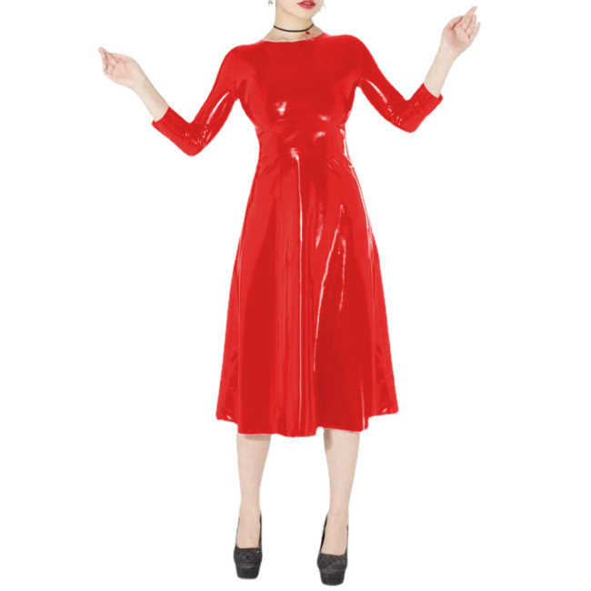 Wetlook Women PVC Three-quarter Sleeve Long Dress Faux Latex Fit and Flare Dress Streetwear Party Clubwear Clothing Casual S-7XL