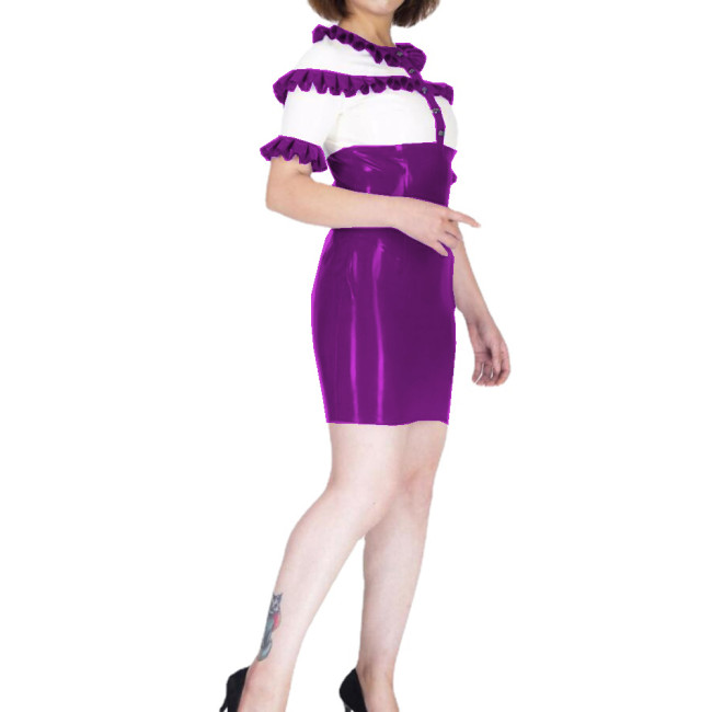 Wetlook Patchwork PVC Sexy Womens Ruffles O-Neck Short Sleeve Sheath Buttons Sheath Mini Dress Night Club Party Streetwear 7XL
