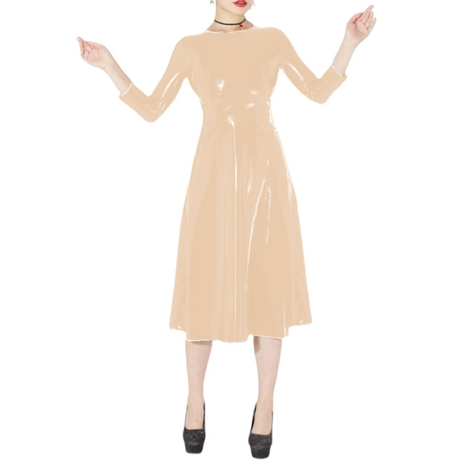Wetlook Women PVC Three-quarter Sleeve Long Dress Faux Latex Fit and Flare Dress Streetwear Party Clubwear Clothing Casual S-7XL