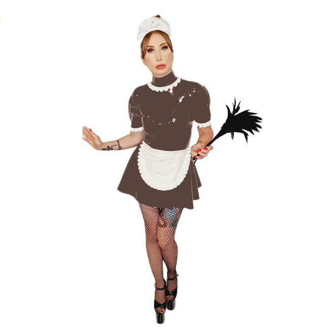 Sweet Maid Cosplay Costume Sexy PVC Maid Dress Short Puff Sleeve Frilly Mini Dress With Lace-up Apron Mens Maid Outfit Anime 7XL