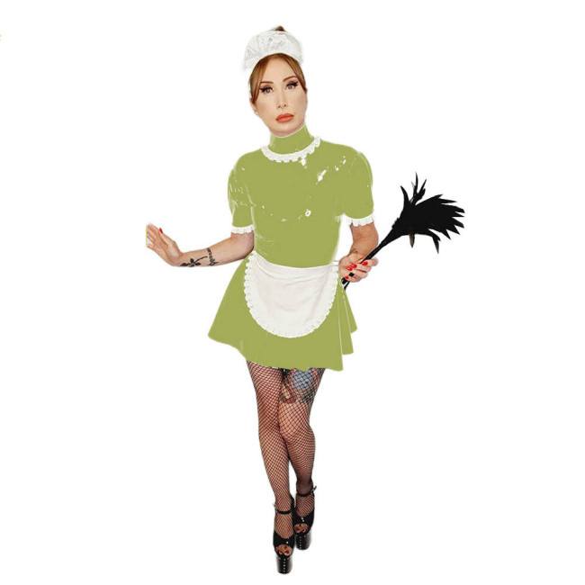 Sweet Maid Cosplay Costume Sexy PVC Maid Dress Short Puff Sleeve Frilly Mini Dress With Lace-up Apron Mens Maid Outfit Anime 7XL