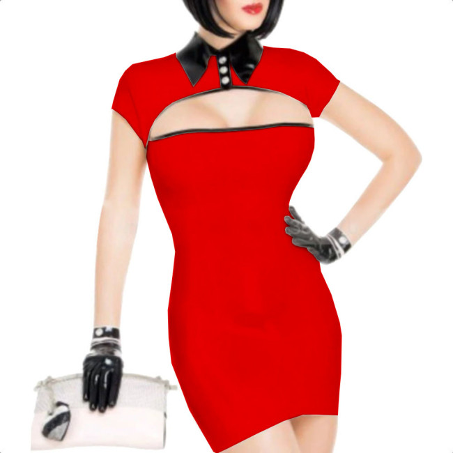 Women Sexy Shiny PVC Leather Mini Pencil Dress Short Sleeve Open Chest Sheath Bag Hip Dress Night Club Lady Exotic Sexi Dress