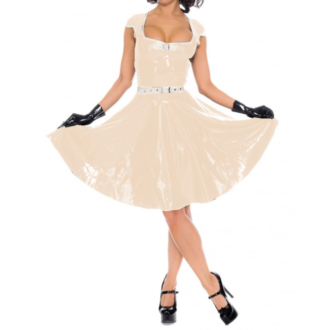 Women Short Sleeve Mini Dresses Sexy Wetlook PVC Leather Faux Latex Square Neck Pleated Dress Party Clubwear High Streetwear 7XL
