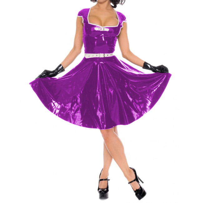 Women Short Sleeve Mini Dresses Sexy Wetlook PVC Leather Faux Latex Square Neck Pleated Dress Party Clubwear High Streetwear 7XL