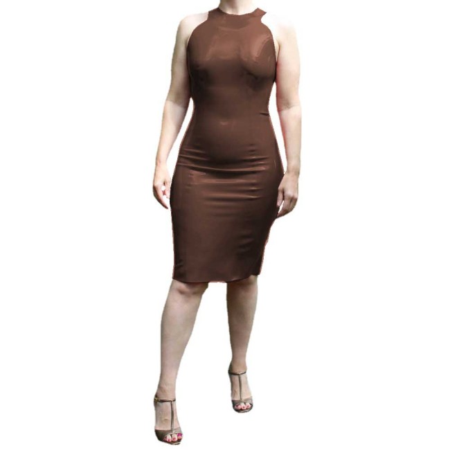 Elegant Wetlook PVC Leather Sexy Round Neck Sleeveless Bodycon Dress Sheath Back Zipper Dress Party Clubwear High Street Outfits